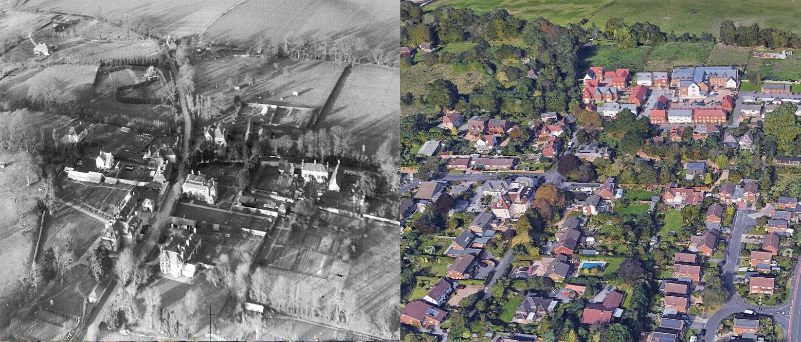 Catisfield from the air showing the (now gone) Elmshurst, Catisfield House, The Limes......