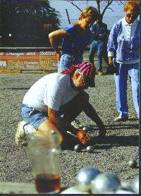 Playing Boule at Limesdowne Petanque Club, Catisfield.... Tiny Neville measuring 